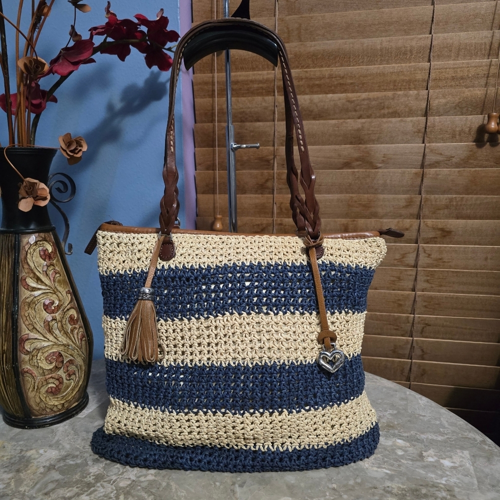 Brighton Woven Raffia and Leather Navy Blue and Tan Striped Tote Bag
